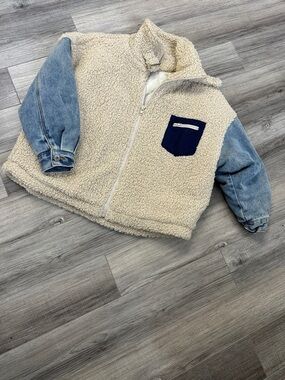 Cream Sherpa Puffer Jacket with Denim Sleeves
